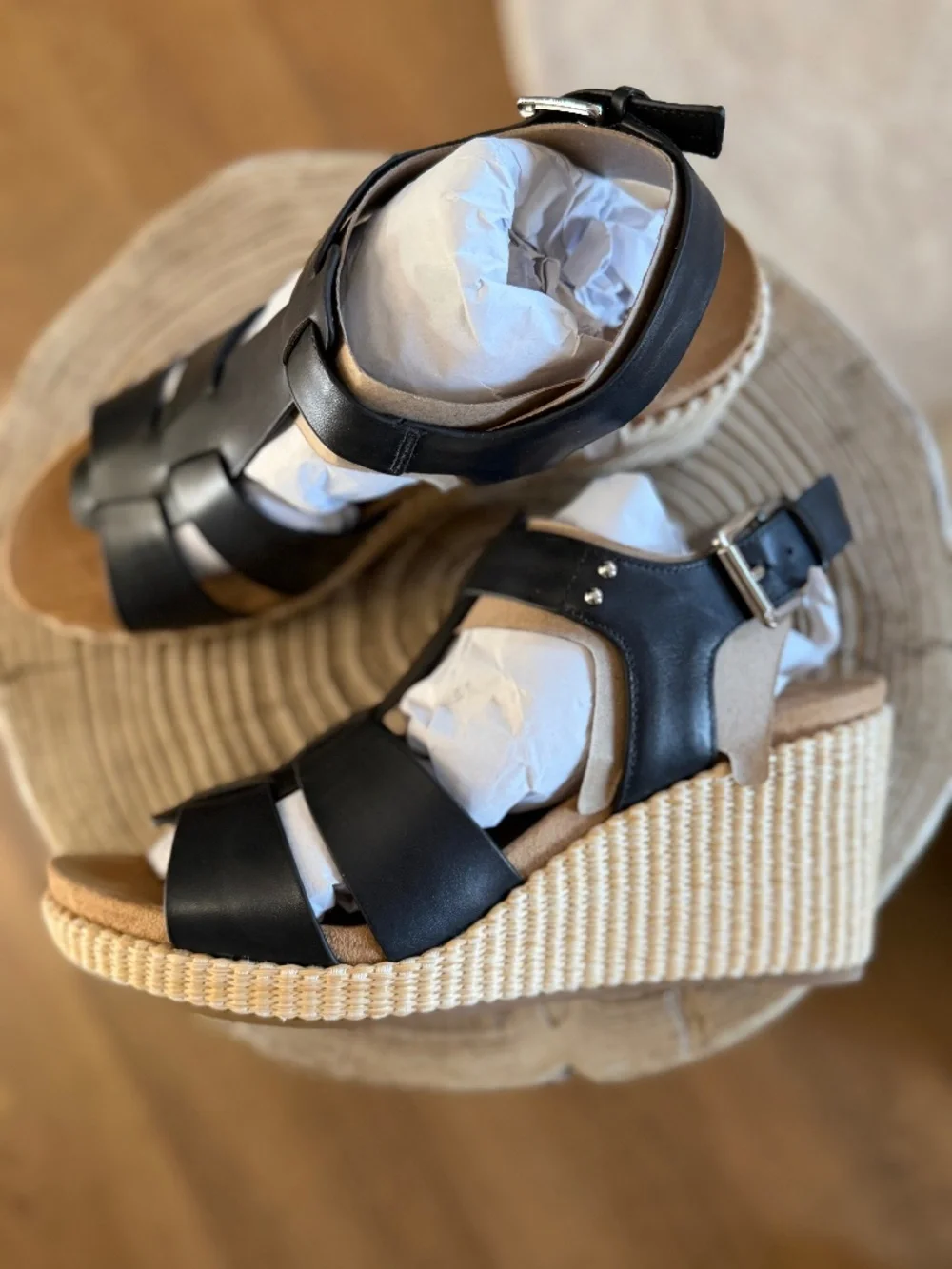 NWT Rockport Belle Sandal Wedge Heel Leather Black Adjustable Strap Woven Sz 9